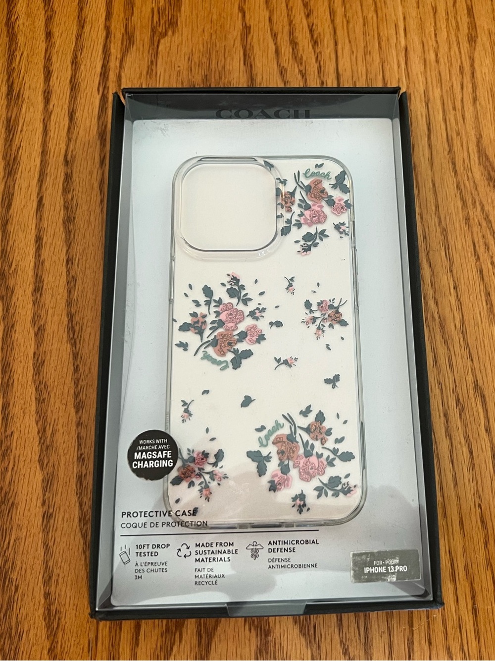 Coach Clear Floral iPhone 13 Pro Case with Pink Roses and Green Leaves